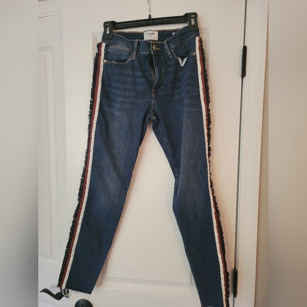 Frame denim "le high skinny" jeans with side fringe
